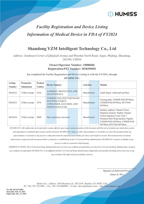 FDA - Shandong YZM Intelligence Technology Co., Ltd.