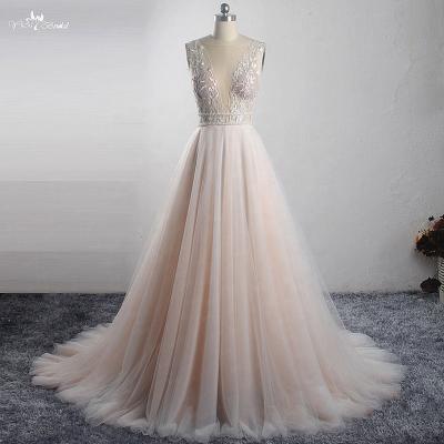 China LZ321 V 2021 Anti-static Simply Deep Neckline Soft Tulle Wedding Dress Two Bead Belt Bridal Dress Blush Colorful Wildely Boho Dress for sale