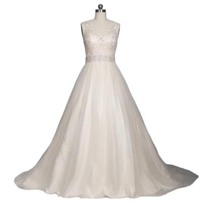 China LZ174 Elegant Anti-static Sweet A-line Sleeveless Halter Neck Wedding Dresses Light Champagne Sashes With Crystal Bridal Dresses for sale