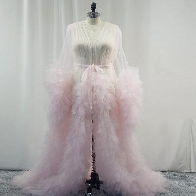 China RSJ149 Sheer Sexy Bridal Fluffy Ruffle Layer Maternity Photoshoot Long Dress Wedding Dress Pink Long Dress Birthday Dress Sheer Sexy Illusion Tulle Long Dress for sale