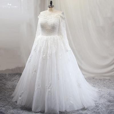 China LZ468 Anti-Static Shiny Beaded Boat Neck Wedding Off The Shoulder Vintage Lace Ball Gown Plus Size Vestido De Noiva for sale