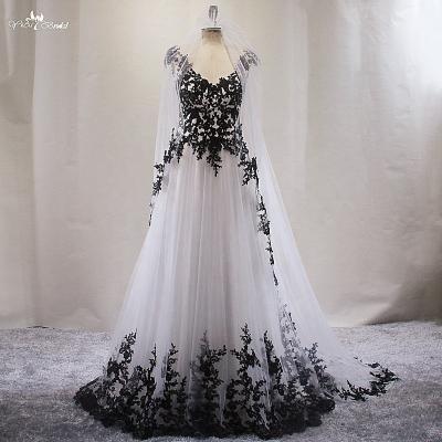 China Black Lace Tulle Wedding Dress Anti-Static Ivory Simple V-Neck Sleeveless Vintage A-Line Dress LZ473 With Free Veil for sale