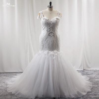 China LZ466 Crystal Lace Wedding Dresses Sweetheart Luxury Ivory Beaded Sparkly Ivory Beaded Dress Vestidos De Novia Short Sleeve Flowers Mermaid Dress for sale