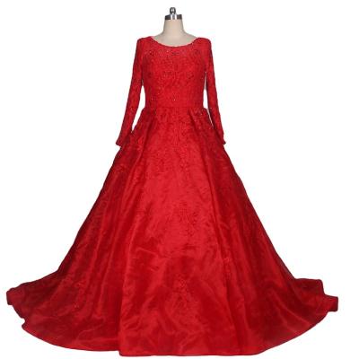 China Muslim Dress Lace LZ184 Wedding Dress Crystal Small Bead Bridal Gown O Neck Anti-Static Elegant Red Shiny Long Sleeve for sale