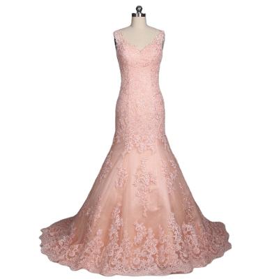 China LZ186 Modest V-neck Anti-Static Sleeveless See Through Back Mermaid Delicate Wedding Dress Blush Red Lace Bridal Gowns for sale