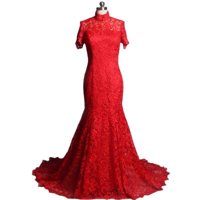 China LZ167 Lace Bridal Gowns High Neck Anti-static Elegant Red Short Sleeve Backless Mermaid Wedding Dress for sale