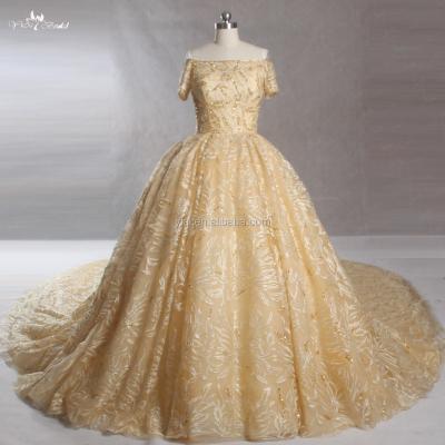 China LZ218 Anti-Static Custom Made Royal Golden Lace Wedding Dress Luxury Off The Shoulder Fluffy Long Wedding Dresses for sale