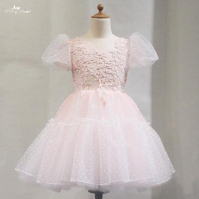 China LZC034 Short Sleeve Illusion Tulle Beading Ball Gown Puff Sleeve Blush Lace Bridesmaid Dresses Pageant Appliqued Dress For Girls for sale