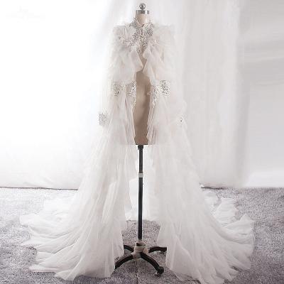 China LZP614 Good Quality Beaded Ivory Tulle Ruched Long O-Neck Wedding Cape Long Sleeve Shinny Lace Up Bridal Jacket Sparkle Pearls Women Shawl for sale