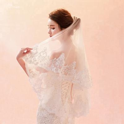 China Real Lace Edge LZP360 Bridal Accessories Wedding Veil 1.5 Meters Silver Lace Bridal Veil Champagne Two Layer Tulle Veil for sale