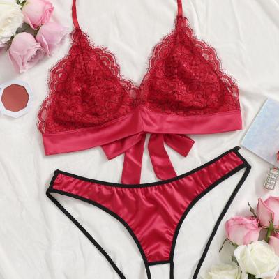 China Home Lingerie Strap Neck T Bra Pants Bikini Set Adult Women Sexy Lingerie Set, Attractive Lace Red Bow Underwear for sale