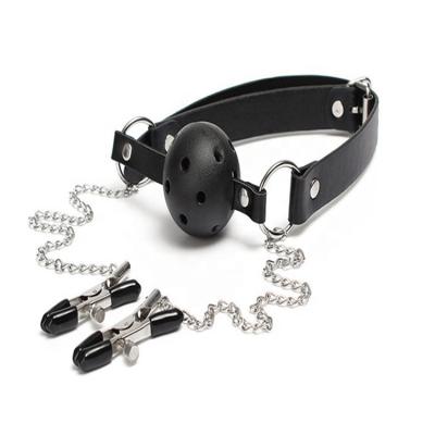 China Adjustable sling with screw 2 in 1 set ball gag with nipple clamps, adjustable neck straps and sling mouth gag bondage gear for sale