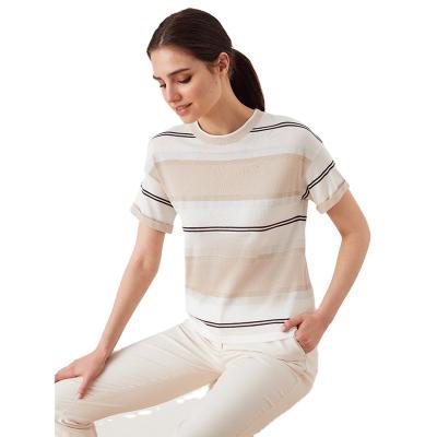 China Anti-Wrinkle Knitted Short Sleeves Knit T-Shirt With Striped Short Sleeves Sweater Women for sale