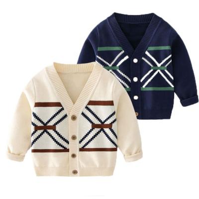 China OEM Costume Fashion Geometric Jacquard Knitted Coats Tops V-Neck Baby Cardigan Anti-Shrink Woolen Sweaters Kids Children Boys Thicken Sweater for sale