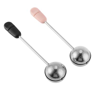 China Sustainable Food-grade 304 Stainless Steel Mesh ball shape Tea Infuser Tea Strainer with Long Handle For Loose Tea Leaf Pincer for sale