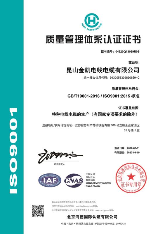 ISO9001 - Kunshan Jinkai Wire And Cable Co., Ltd.