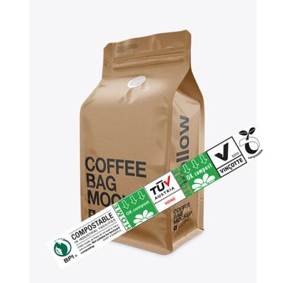 China Food Grade Custom Printed Biodegradable Compostable Pla Kraft Paper Plant Based Coffee Beans Luxury Pouch Packaging Bags With One Way Valve for sale