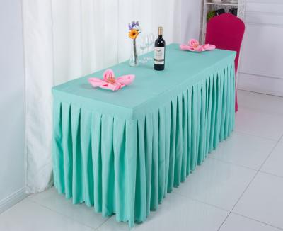 China 100% Polyester Simple Pleat Custom Table Skirt Wedding Banquet Factory Supply Skirting Designs for sale