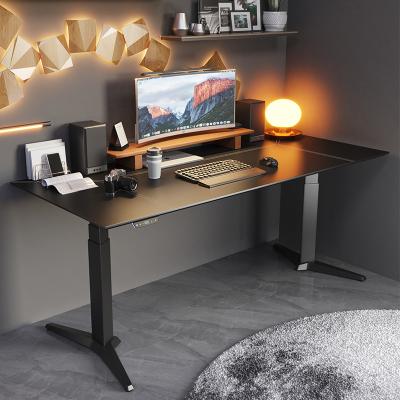 China Foou Modern Electric Height Adjustable Desk with PU Leather Outdoor Table Top Sit Stand Gaming Desk in Black Color for sale