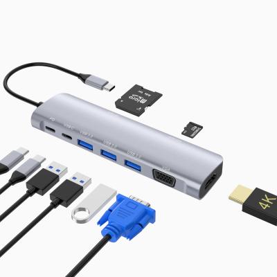 China Type-C Type-C 9 Hub USB Port Computers 2021 Hot Selling Port Hub With Charging TF Card Reader VGA Port for sale