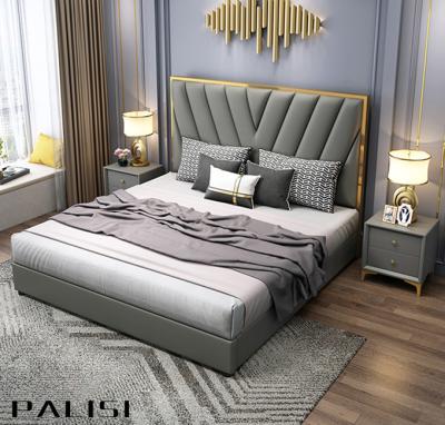 China Luxury Simple Italian Design High Headboard Leather/Fabric High Wood Set Furniture Bed Frame Bed Head Panel Bed for sale