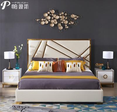 China Barlow Design Modern Bedroom Bed Set Faux Leather Gold Luxury Genuine Steel Frame Customized High Headboard Bed for sale