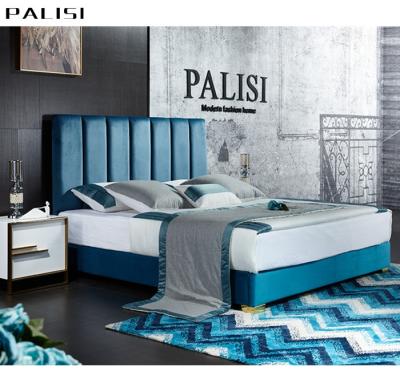 China Vintage Style Blue Velvet Fabric Vintage Bed Modern Double King Bed For Bedroom Bed Set Luxury Furniture for sale