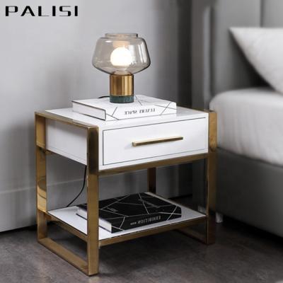 China Modern Design Gold Furniture Conventional Home Modern View Stainless Steel Luxury Wood Nighstand Bedside Table for sale