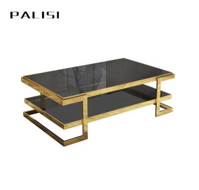 China Modern Luxury Modern Style Center Coffee Table Light Black Glass Top Table Set With Gold Steel for sale