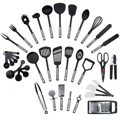 China Mutlifuntional 38-Piece Sustainable Black Stainless Steel Kitchen Nylon Cookware Set With Storage Box for sale