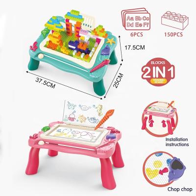 China Plastic 2 In 1 DIY Painting Building Blocks Toys Kids Learning Magnetic Desk Drawing Board Table for sale