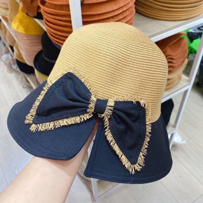 China 2022 Picture Fashion Bowknot Basin Hat Spring And Summer Sunshade Breathable Split Straw Hats for sale