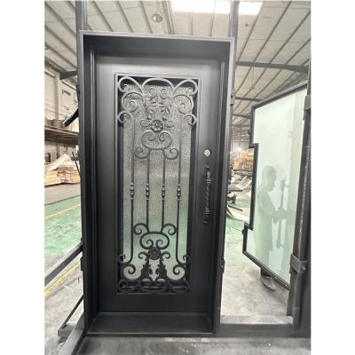 China Waterproof New Design exterior single anti-rust tempered glass Hinges wrought iron doors for sale