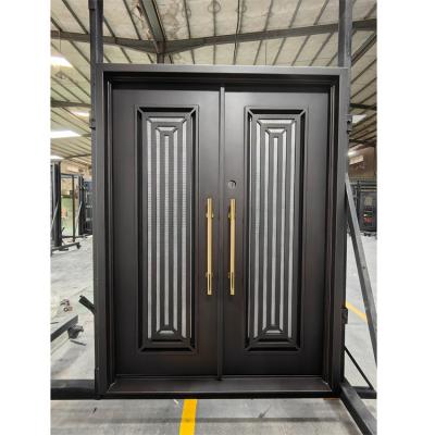 China Waterproof Factory Outlet Insulated  Rustic Wrought Iron Entrance Security Glass Door Main Iron Double Entry Door for sale