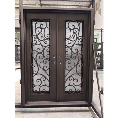 China Waterproof Smart Design Security Exterior Front Double Entry Black Entrance Wrought Solid Iron Glass Door For House for sale