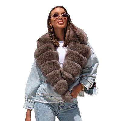 China 2021 Viable INS Hot Sales Women Fur Coat Colorful Fur Denim Jacket With Fox Fur Collar for sale