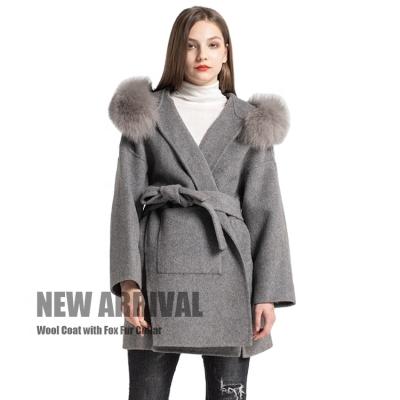 China 2021 Newest Anti-wrinkle Anorak Cashmere Woolen Coat Long Fox Fur Coat Woolen Hoodie Fox Fur Collar With Belt for sale