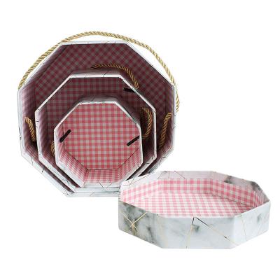 China Recycled Materials Emartbuy Set Of Rigid Luxury Octagon Shaped Presentation 3 White Marble Gift Box Print With Gold Origami Lines Checkered Inter for sale