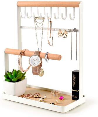 Китай Not Rust DeskJewelry Stand Holder 4 Tier Necklace Hanging Ring Organizer Earring Tray Tabletop Storage 8 Hooks 12 Holes Wooden Earrings продается