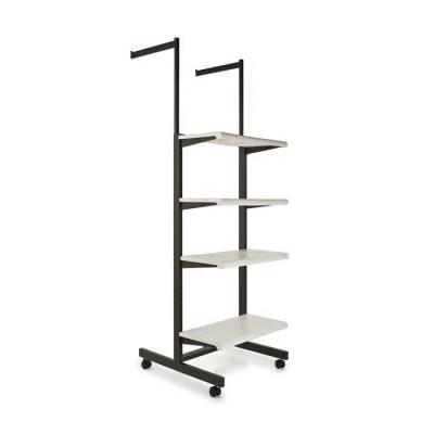 Chine Durable Black Metal Clothing Display Rack Fixture With 4 Shelves And 2 Wooden Hangrails à vendre