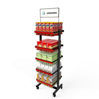 China Durable China Customized 5 Tiers Floor Food Display Stand Promotion Racks With Removable Wheels For Retail Store , Supermarket zu verkaufen