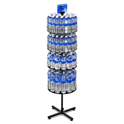 China Floor Rotating Heavy Duty Water Drinks Display Stand Shampoo Bottle Rack With 4 Round Metal Trays With Steel X-Base zu verkaufen