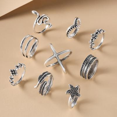 China Other Antique Silver Rings Set Vintage Plating 9 Pcs Cross Snake Flower Shape Rings For Women Jewelry for sale