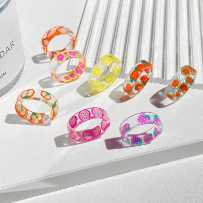 China Other 2021 Summer Fruit Apple Model Resin Cute Strawberry Acrylic Plastic Rings For Girls Jewelry for sale