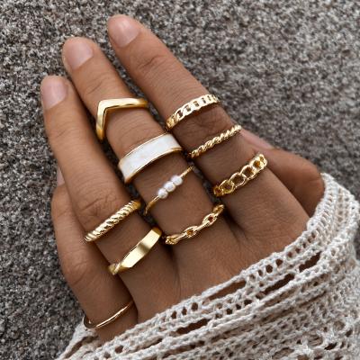 China Other Finetoo Hot Selling Twist Chain Rings Set Gold Plated Open Pearl Rings For Women Jewelry for sale