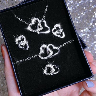 China CLASSIC Luxury Double Heart Diamond Crystal Necklace Dangle Earrings Set Exquisite Women Jewelry Gift for sale