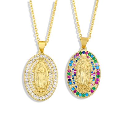 China CLASSIC 18k Gold Plated CZ Around Virgin Mary Pendant Necklace Colorful Zircon Necklace for Religion Jewelry for sale