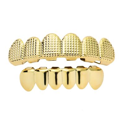 China Environmental Friendly European Bump Lattice Texture Teeth Grillz Hip Hops Real Gold Plated 6 Lower Upper Teeth Grillz For Hitter for sale