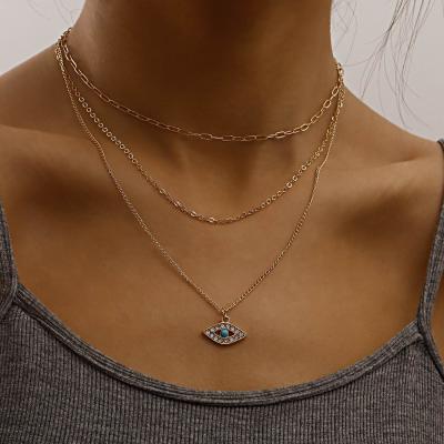 China BOHEMIA Simple Design Gold Plated Multi Layer Thin Blue Turkish Eye Layered Necklace Chain Pendant Necklace for sale