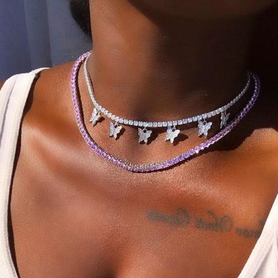 China Vintage Hot Sale Crystal Rhinestone Tennis Chain Butterfly Choker Pendant Necklace For Girls for sale